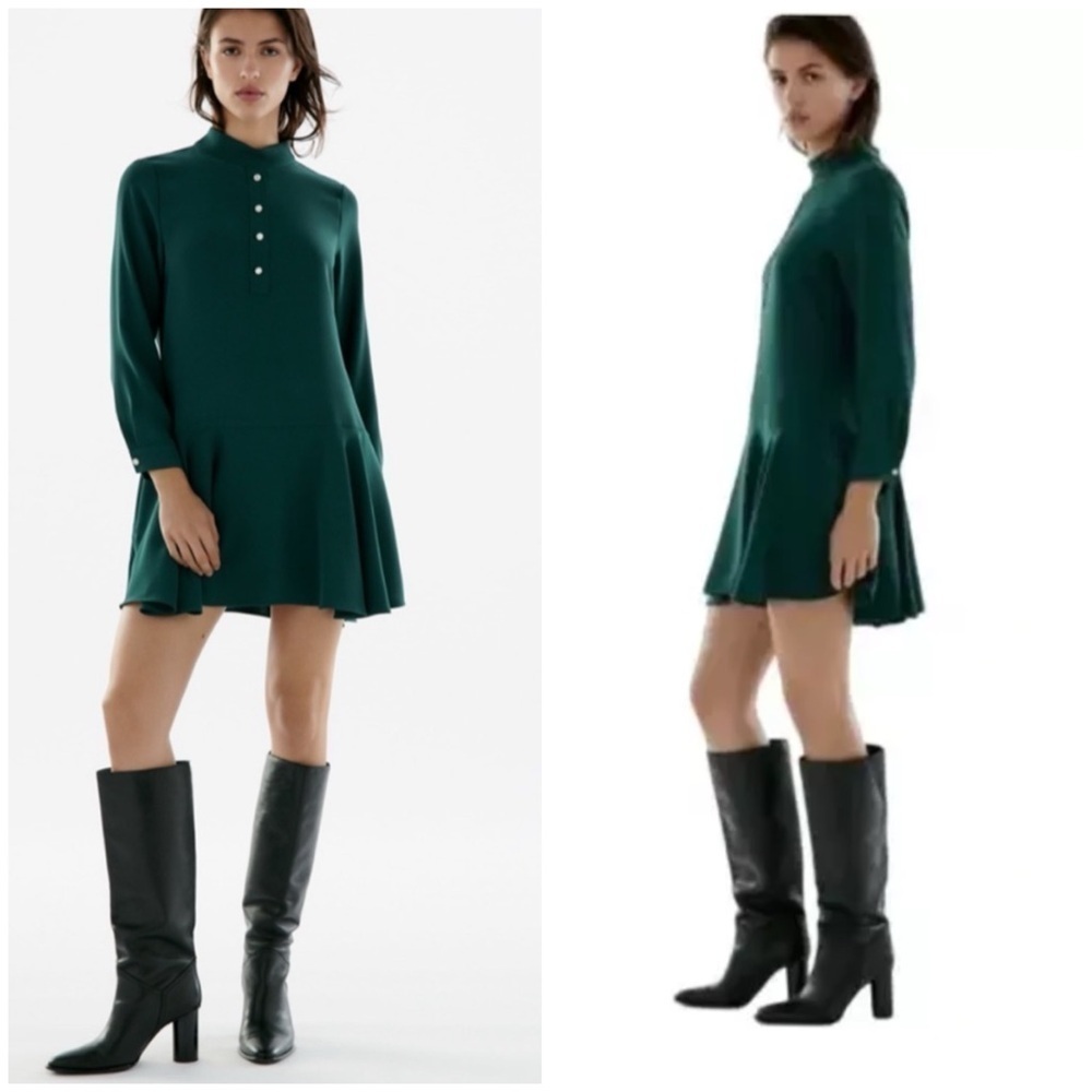 Zara Mock Neck Dress Emerald Green Long Sleeve Crystal Buttons Sz S NWT